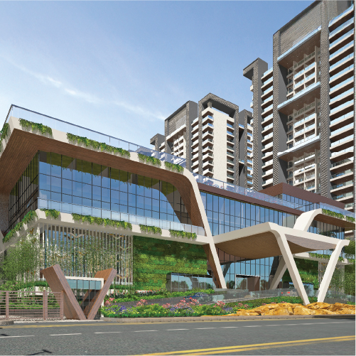 Our Brand - Happy Family with Modern Buildings